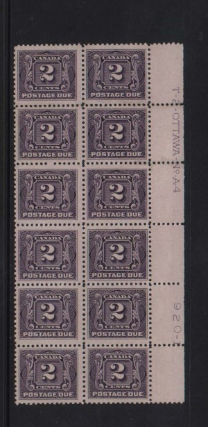 Canada #J2a VF/NH Plate Block Of 12