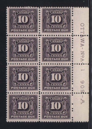 Canada #J5 VF/NH Plate #1 Block Of 8
