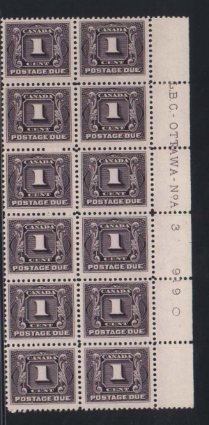 Canada #J1c VF/NH Plate #3 Block Of 12