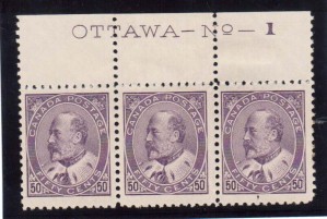 Canada #95i VF Mint Plate #1 Strip Of Three