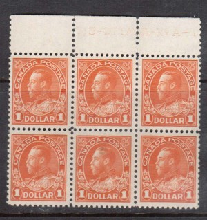 Canada #122 VF/NH Top Plate Block Of Six