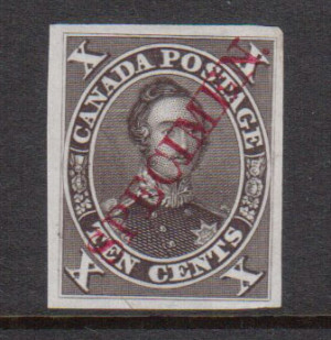 Canada #16Pii XF Plate Proof Black Brown With Diagonal Specimen Overprint