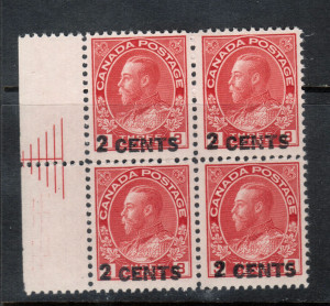 Canada #139iii VF/NH Pyramid Guideline Block **With Certificate**