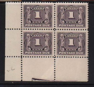 Canada #J1c XF/NH Mint Corner Block With Ink Variety