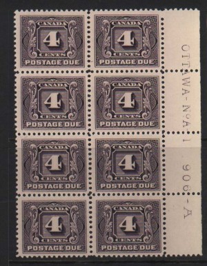 Canada #J3 VF/NH Plate #1 Block Of Eight