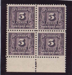 Canada #J9 XF/NH Plate #1 Block