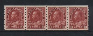 Canada #130 VF Mint Coil Strip Of Four  **With Certificate**