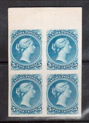 Canada #26TC XF Trial Color Top Margin Plate Proof Block In Azure Blue