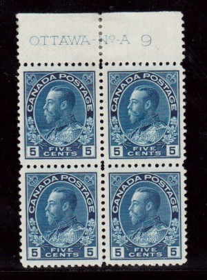 Canada #111 XF/NH Plate #9 Block **With Certificate**