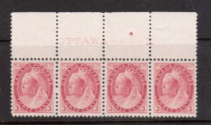 Canada #78 XF/NH Plate #1 Strip Of Four