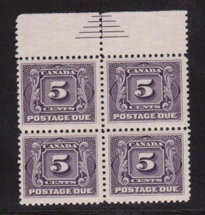 Canada #J4iii VF/NH Pyramid Guideline Block Of Four