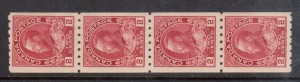 Canada #124 XF/NH Coil Strip Of Four **With Certificate**
