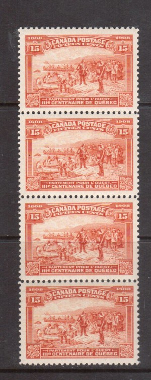 Canada #102 XF/NH Strip Of Four **With Certificate**