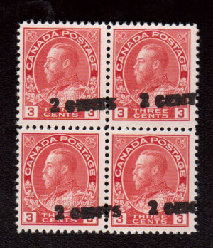 Canada #139i XF/NH Dramatic Shifted Surcharge Block **With Certificate**