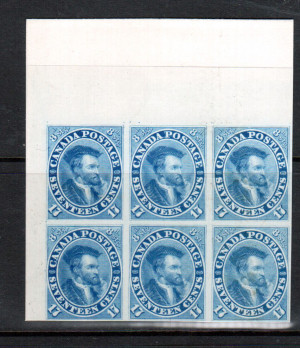 Canada #19P XF Upper Left Margin Proof Block Of Six India Paper On Card