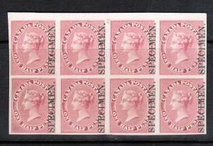 Canada #8Pi XF Proof Block Of Eight Specimen Overprint In Green India Paper On Card