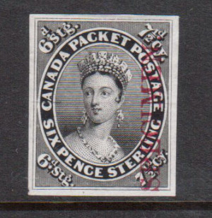 Canada #9TCi XF Plate Proof In Black With Vertical Specimen Overprint