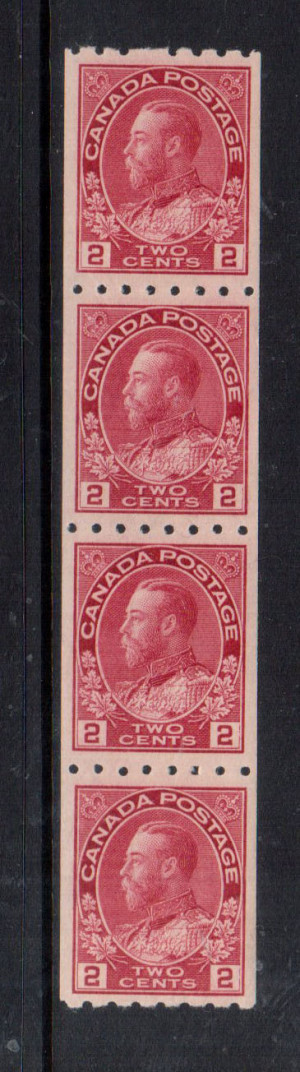 Canada #124 XF/NH Coil Strip Of Four **With Certificate**
