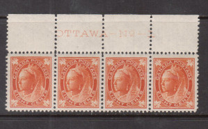 Canada #72 XF/NH Plate #1 Imprint Strip Of Four **With Certificate**
