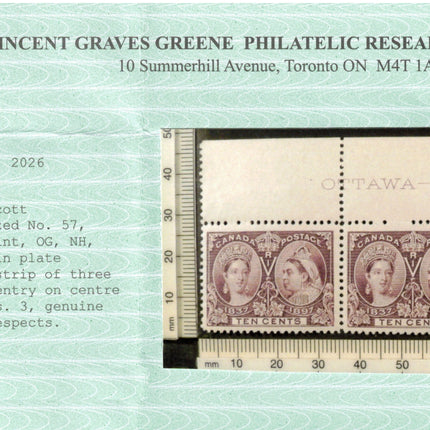 Canada #57iii XF/NH Plate #19 Strip Of Three **With Certificate**