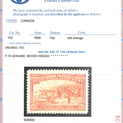 Canada #102 Extra Fine Never Hinged **With Certificate**