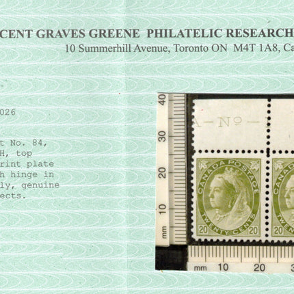 Canada #84 XF/NH Plate #1 Imprint Pair **With Certificate**