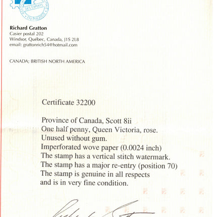 Canada #8ii VF Mint Major Reentry Variety **With Certificate**