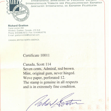 Canada #114 Extra Fine Never Hinged **With Certificate**