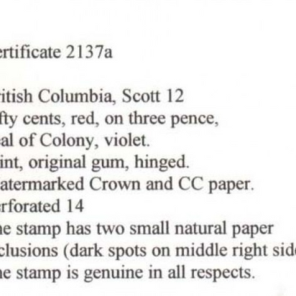 British Columbia #12 Mint With Certificate