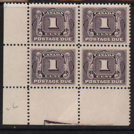 Canada #J1c XF/NH Mint Corner Block With Ink Variety