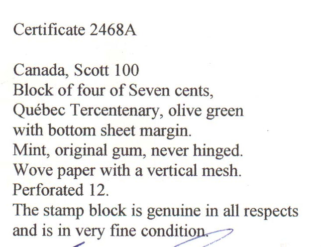 Canada #100 VF/NH Block  **With Certificate**