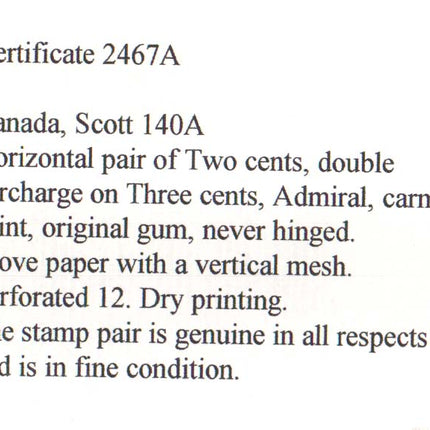 Canada #140a NH Mint Double Surcharge Pair