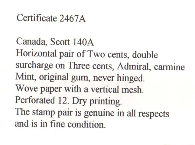 Canada #140a NH Mint Double Surcharge Pair