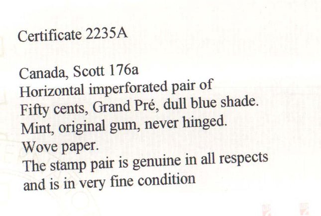 Canada #176a XF/NH Imperforate Pair  **With Cert.**