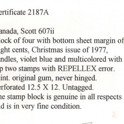 Canada #607ii VF/NH Replex Error Block **With Cert.**