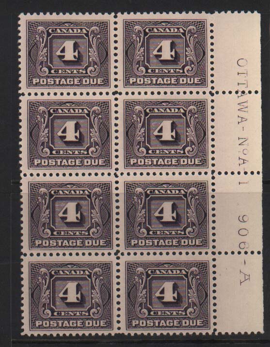Canada #J3 VF/NH Plate #1 Block Of Eight