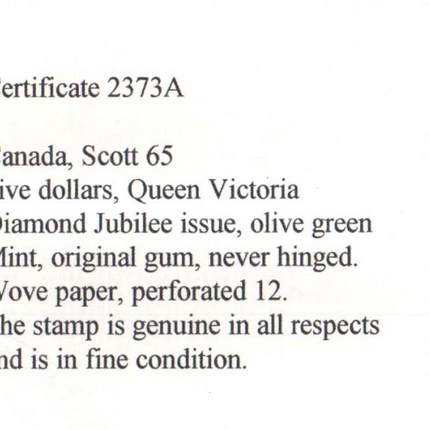 Canada #65 NH Mint  **With Certificate**