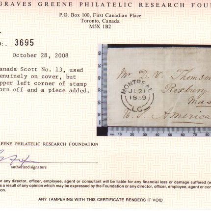 Canada #13 Used On Cover **With Certificate**