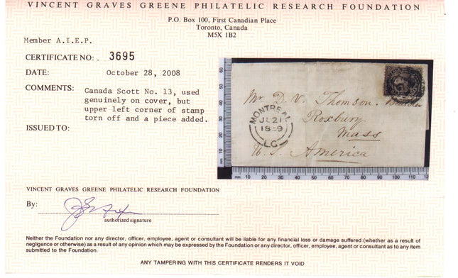 Canada #13 Used On Cover **With Certificate**