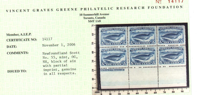 Newfoundland #55 XF/NH Gem Block With Plate Inscription