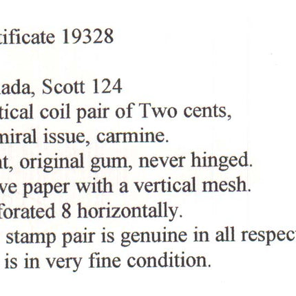 Canada #124 XF/NH Coil Pair  **With Certificate**