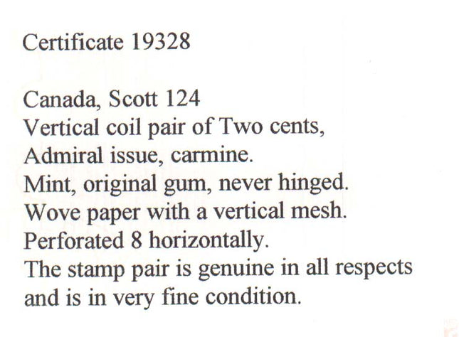 Canada #124 XF/NH Coil Pair  **With Certificate**