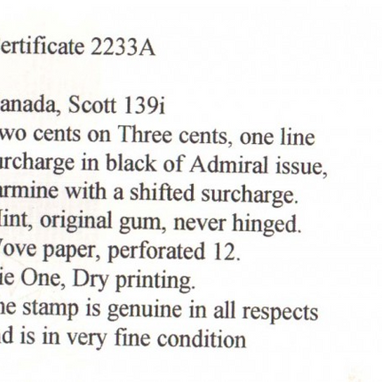 Canada #139i XF/NH Dramatic Shift Surcharge
