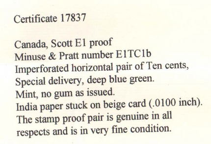Canada #E1P XF Mint Imperf Proof Pair **With Cert.**
