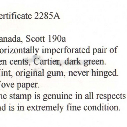 Canada #190a XF/NH Imperforate Pair  **With Certificate**