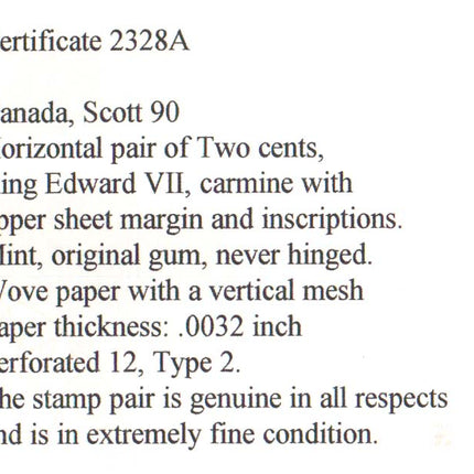 Canada #90 NH Mint Plate #81 Pair **With Cert.**
