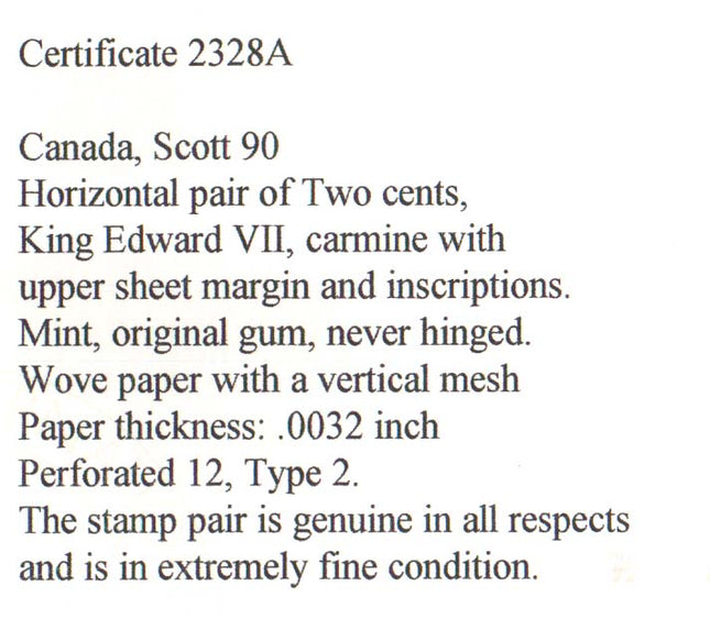 Canada #90 NH Mint Plate #81 Pair **With Cert.**