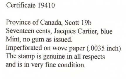Canada #19b XF Mint Imperforate Single **With Certificate**