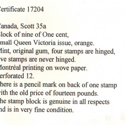 Canada #35a Mint Superb Showpiece Block Of Nine **With Cert.**