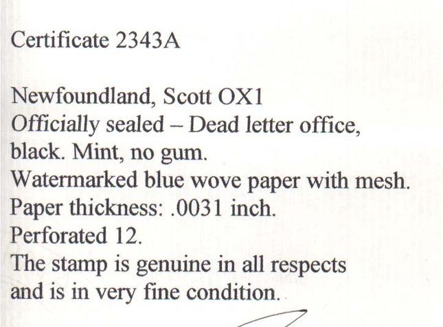 Newfoundland #OX1 XF Mint Gem